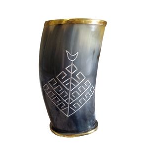 Viking Norse Drinking Cup Ox Horn Tree Of Life Engraved Brass Edges Flat Bottom